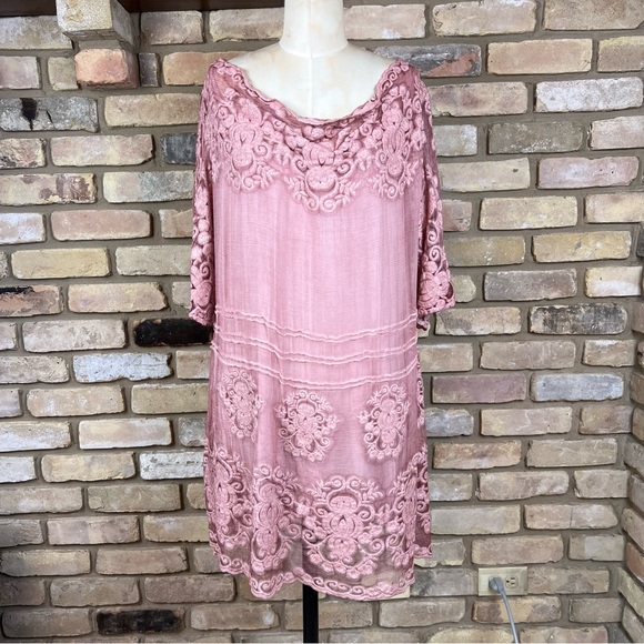 SOFT SURROUNDINGS dusty pink silk Tessa embroidered chiffon tunic top - Picture 3 of 10